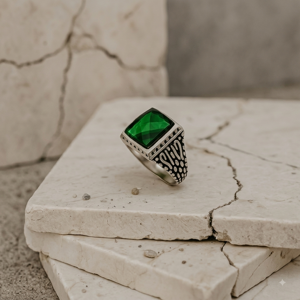 Gifts for Men - Silver ring with green emerald stone