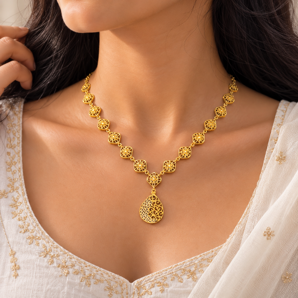 Floral Drop Yellow Silver Necklace
