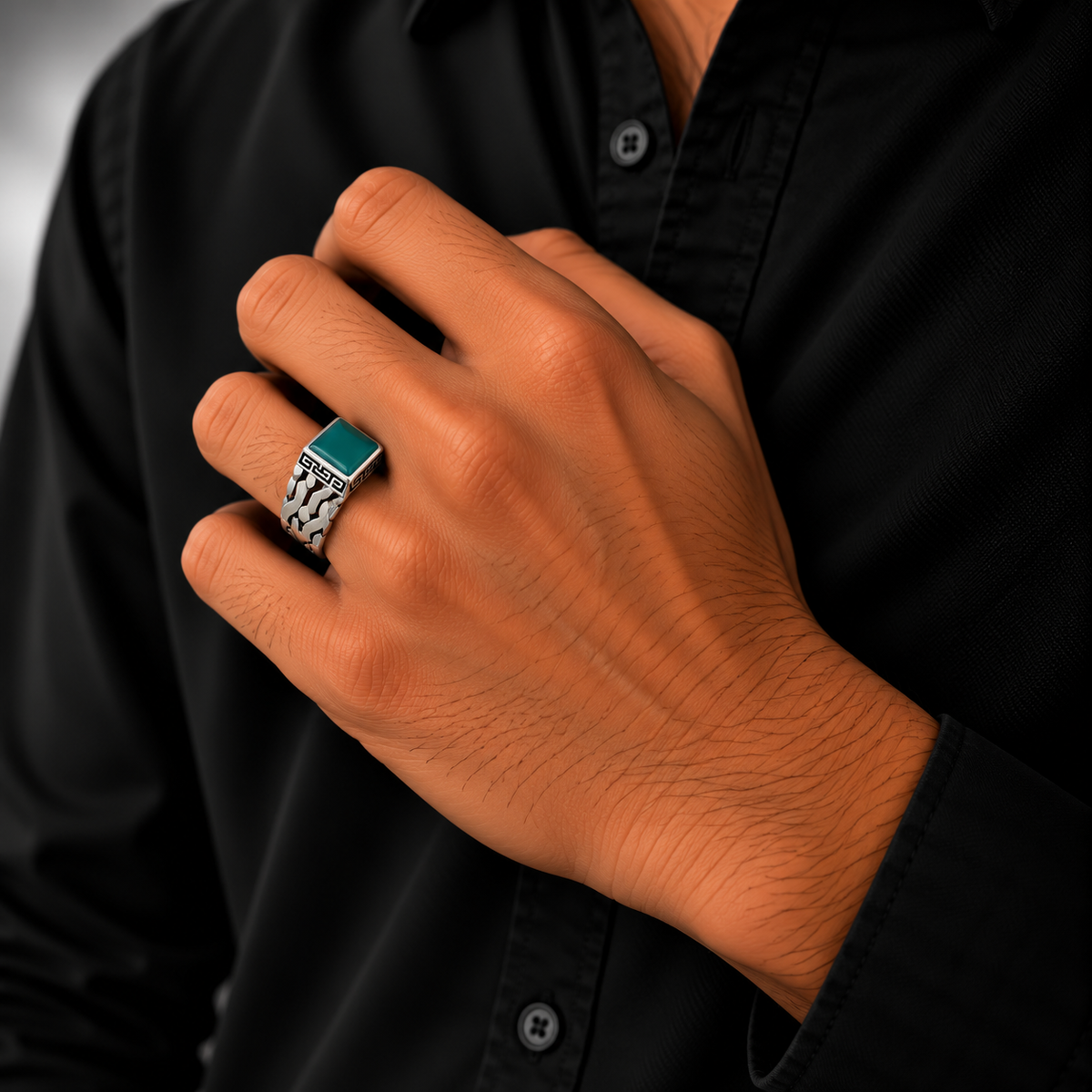 Green Square Geometric Silver Men’s Ring