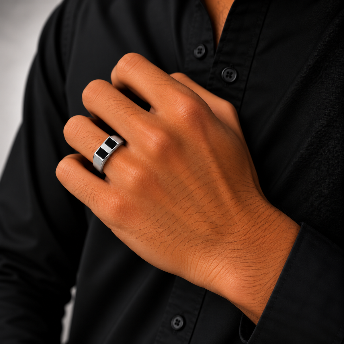 Black Double Inlay Silver Men’s Ring