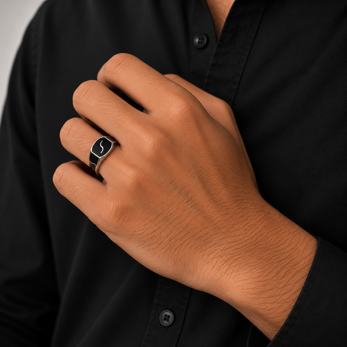 Black Enamel Silver Men’s Ring