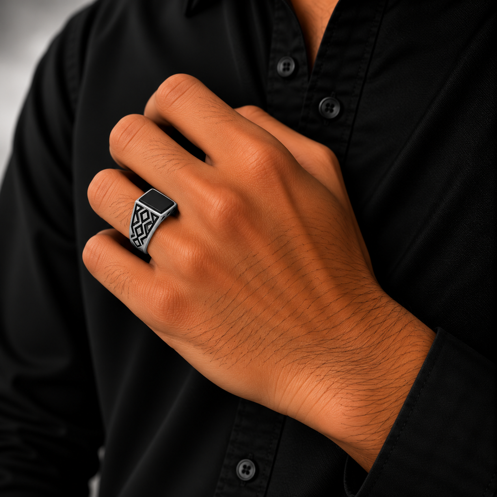 Black Square Geometric Silver Men’s Ring