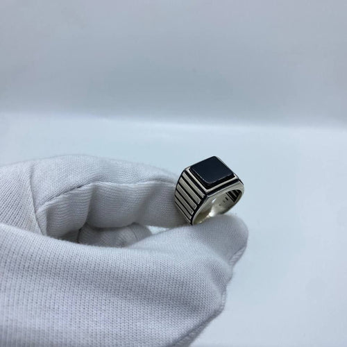 Black Square Stone Striped Silver Men’s Ring