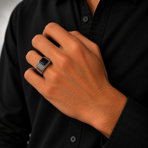 Black Square Stone Striped Silver Men’s Ring