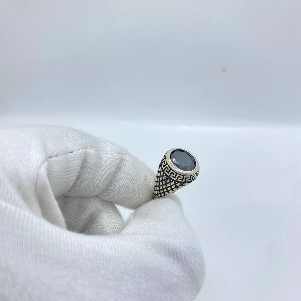 Black Stone Pattern Silver Men’s Ring