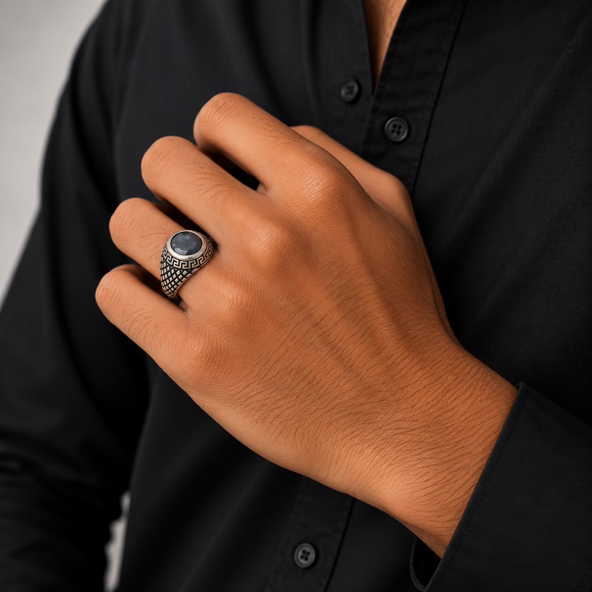 Black Stone Pattern Silver Men’s Ring
