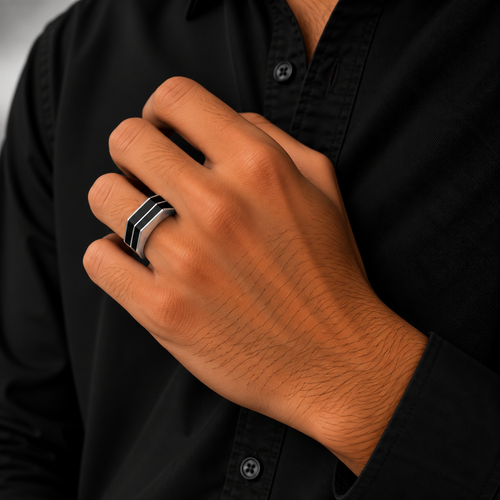 Black Triple Stripe Silver Men’s Ring