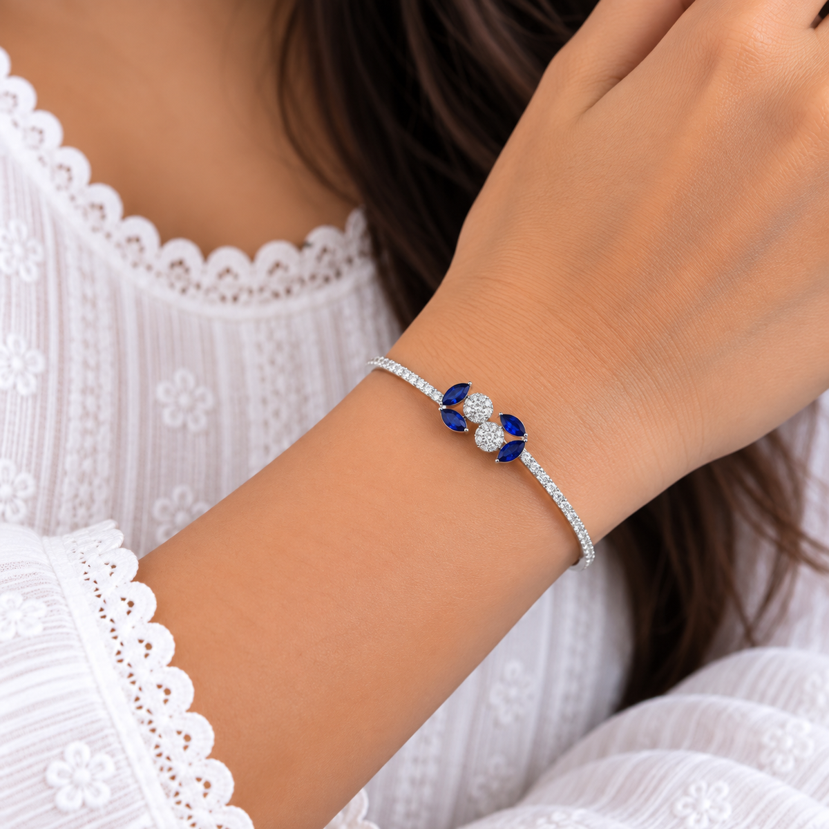 Blue Crystal Floral Silver Bangle