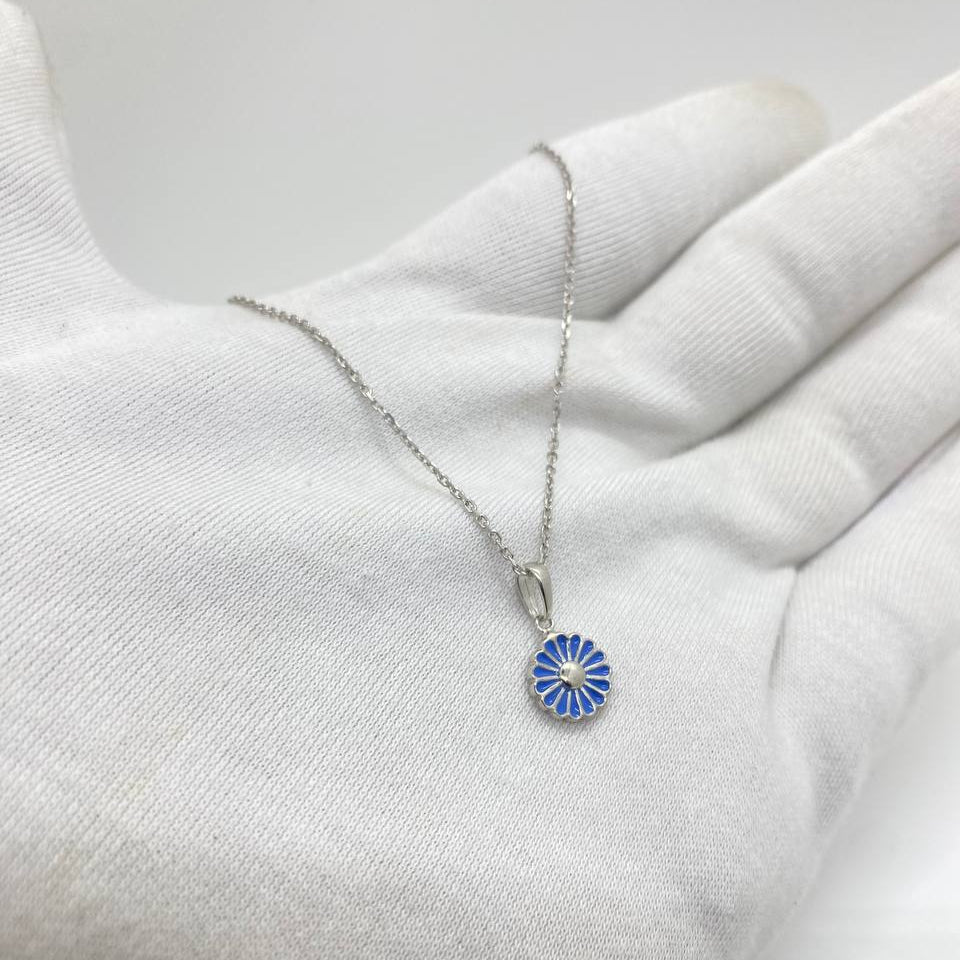 Blue Daisy Necklace on Delicate Silver Chain