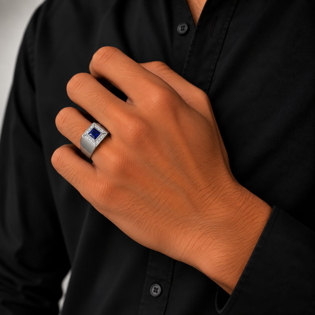Blue Square Stone Silver Men’s Ring