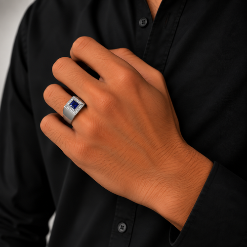 Blue Square Stone Silver Men’s Ring