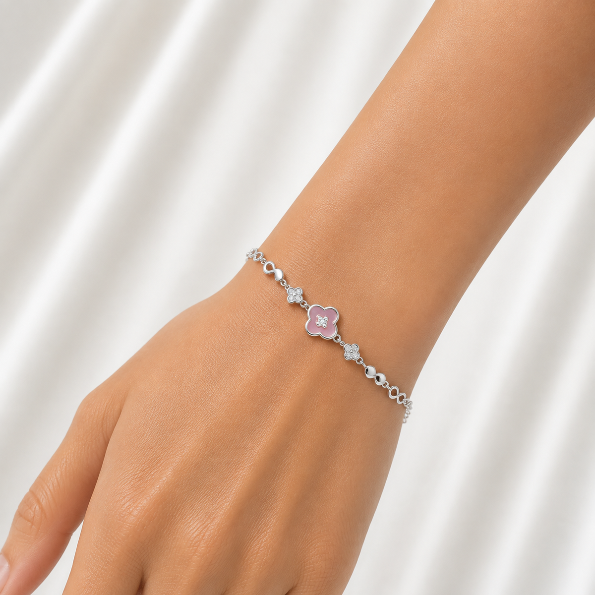Delicate Pink Flower Silver Bracelet