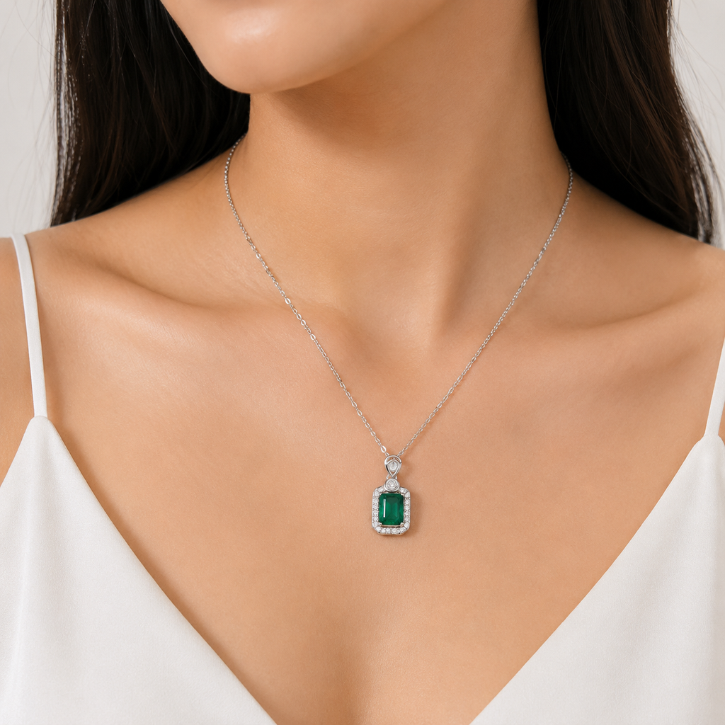 Emerald Halo Pendant Necklace