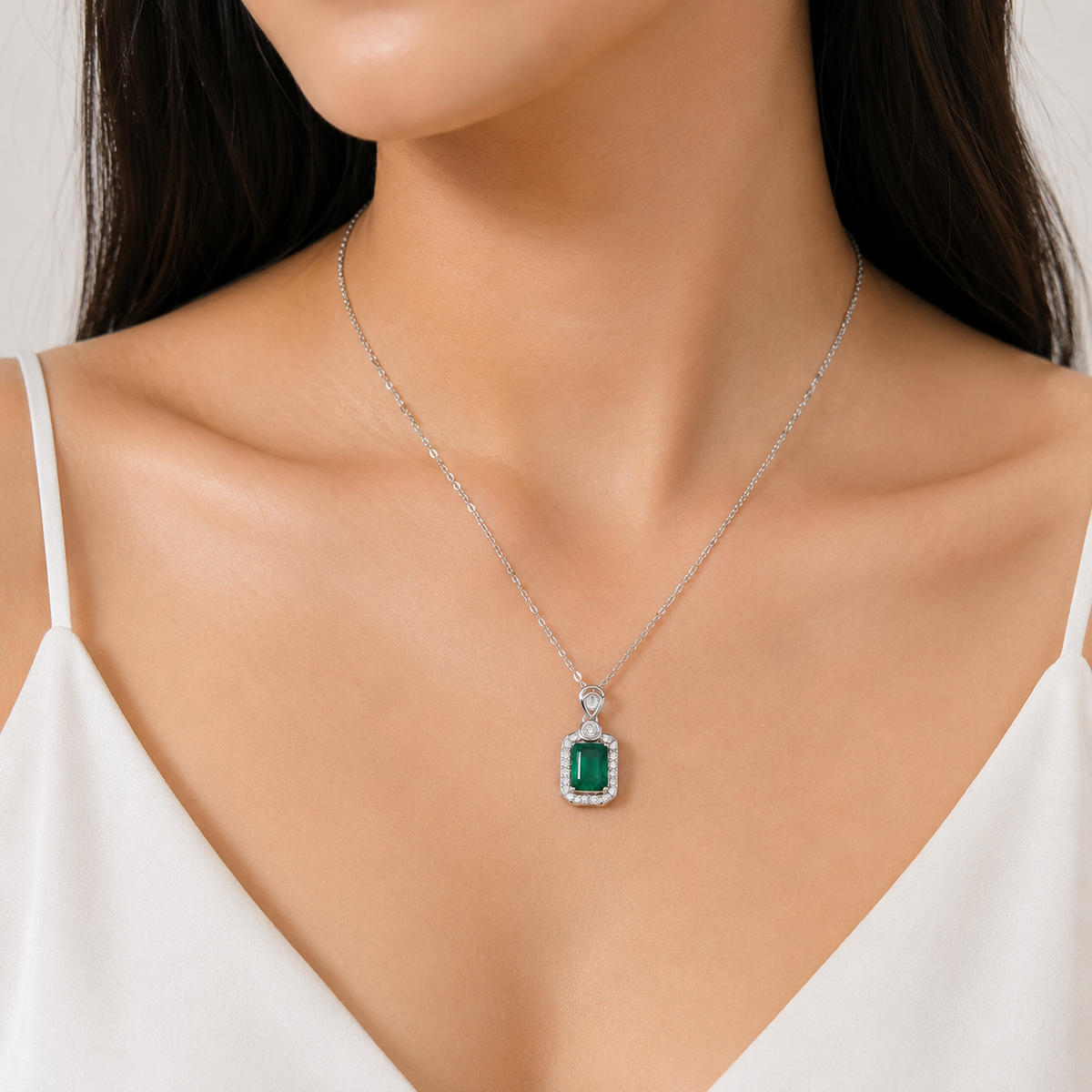 Emerald Halo Pendant Necklace