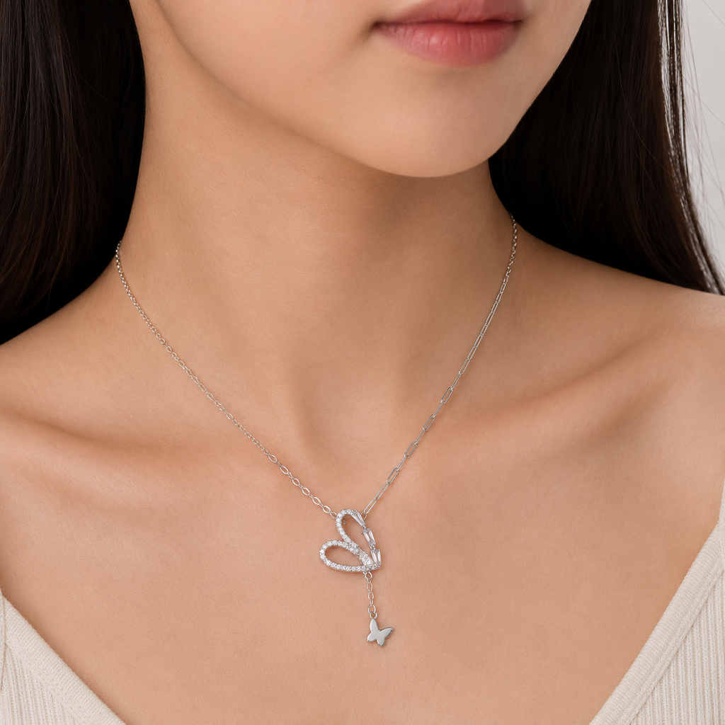 Crystal Heart & Butterfly Pendant Necklace