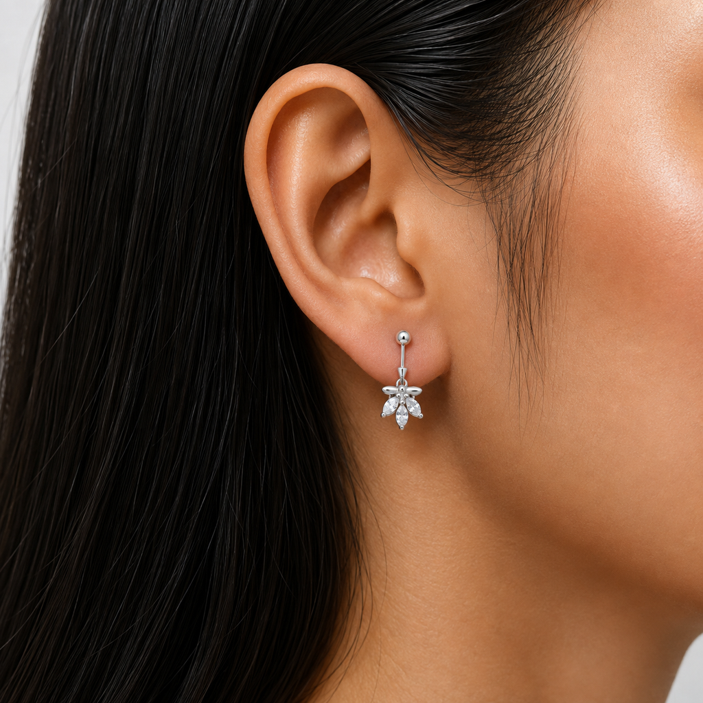 Crystal Leaf Silver Drop Earrings