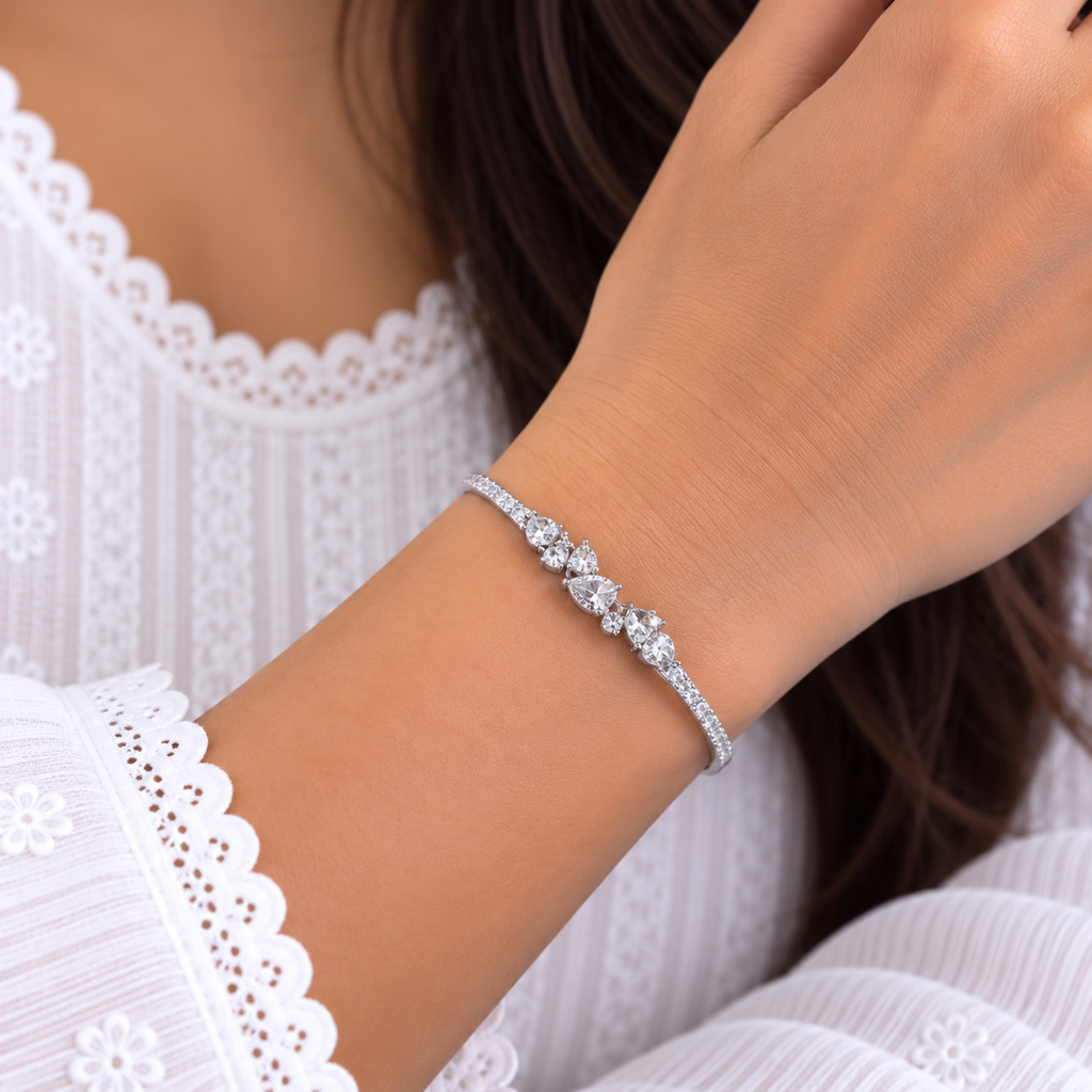 Crystal Leaf Vine Silver Bangle