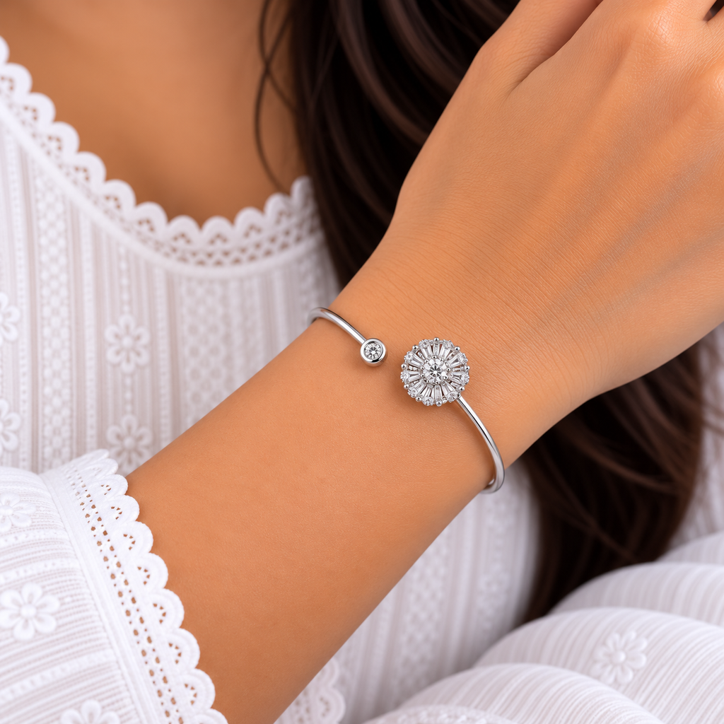 Crystal Sunburst Silver Bangle