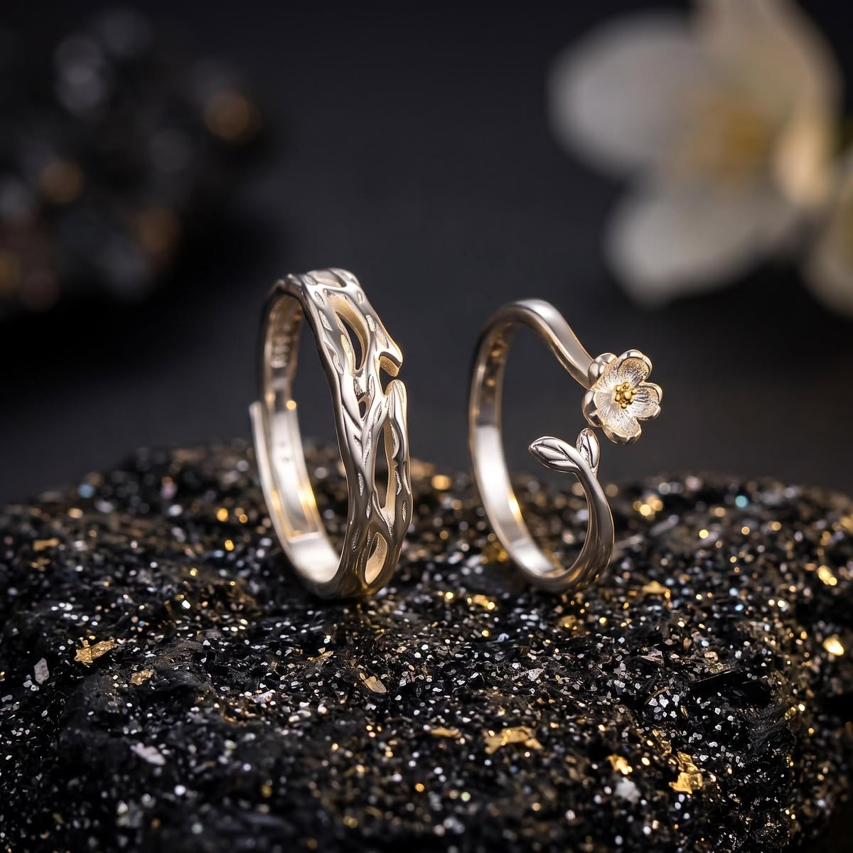 Floral Vine Couple Rings