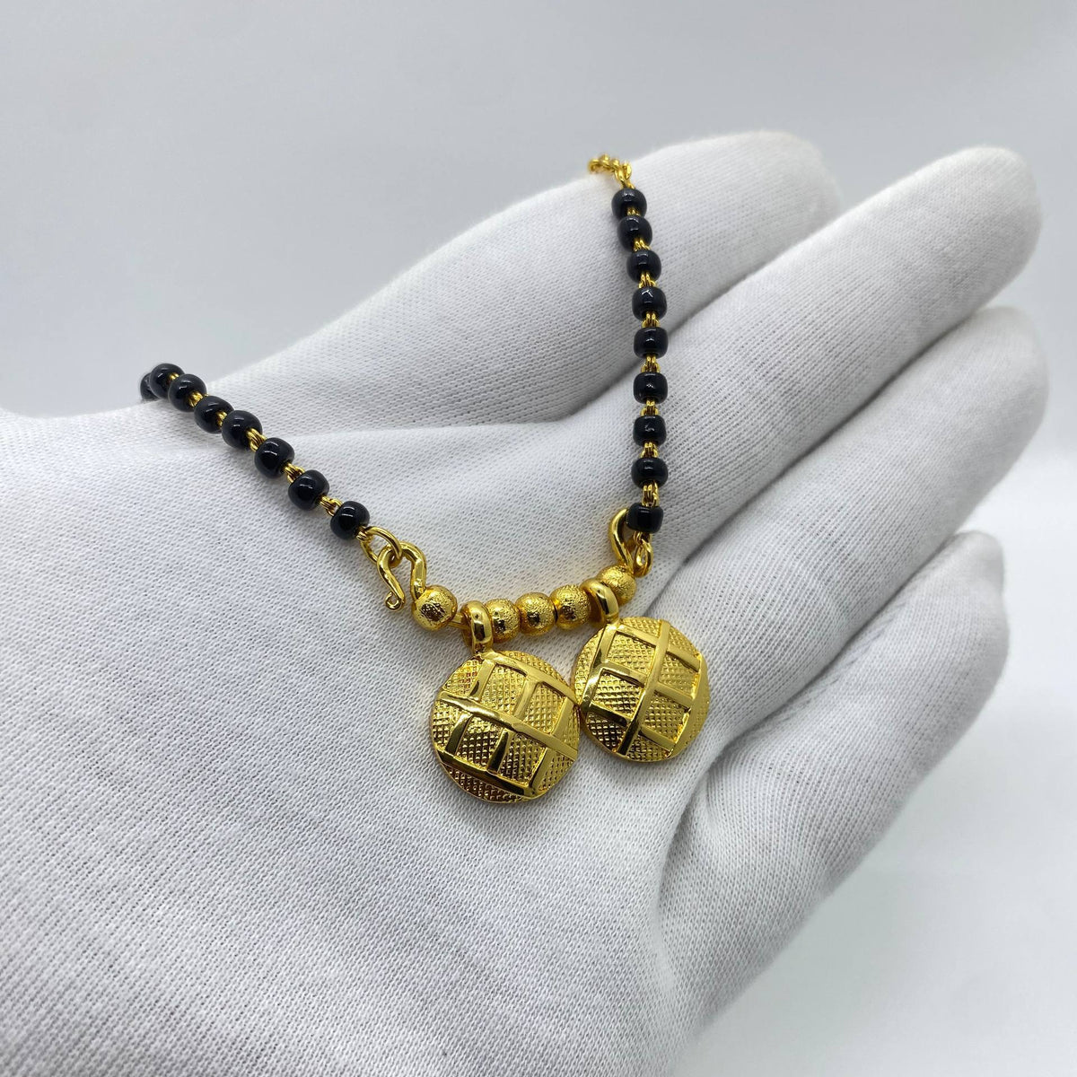 Gold Black Beaded Double Disc Necklace