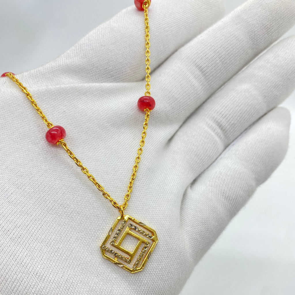 Gold Geometric Pendant Red Bead Necklace