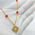 Gold Geometric Pendant Red Bead Necklace