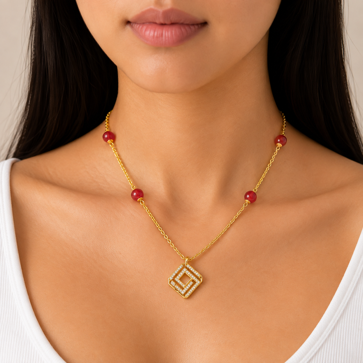 Gold Geometric Pendant Red Bead Necklace