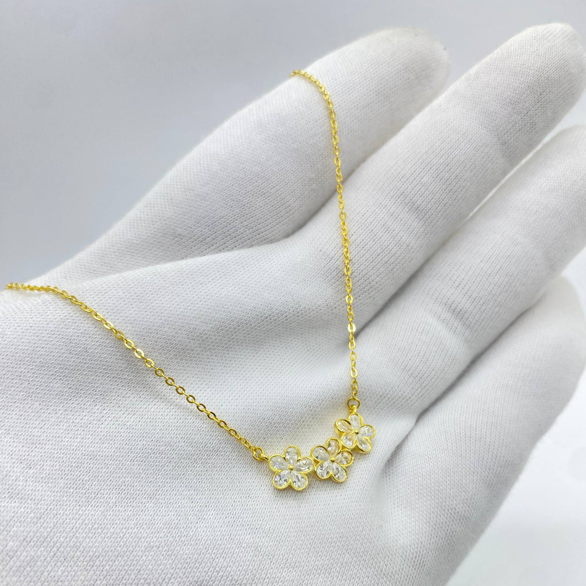 Gold Triple Flower Crystal Necklace