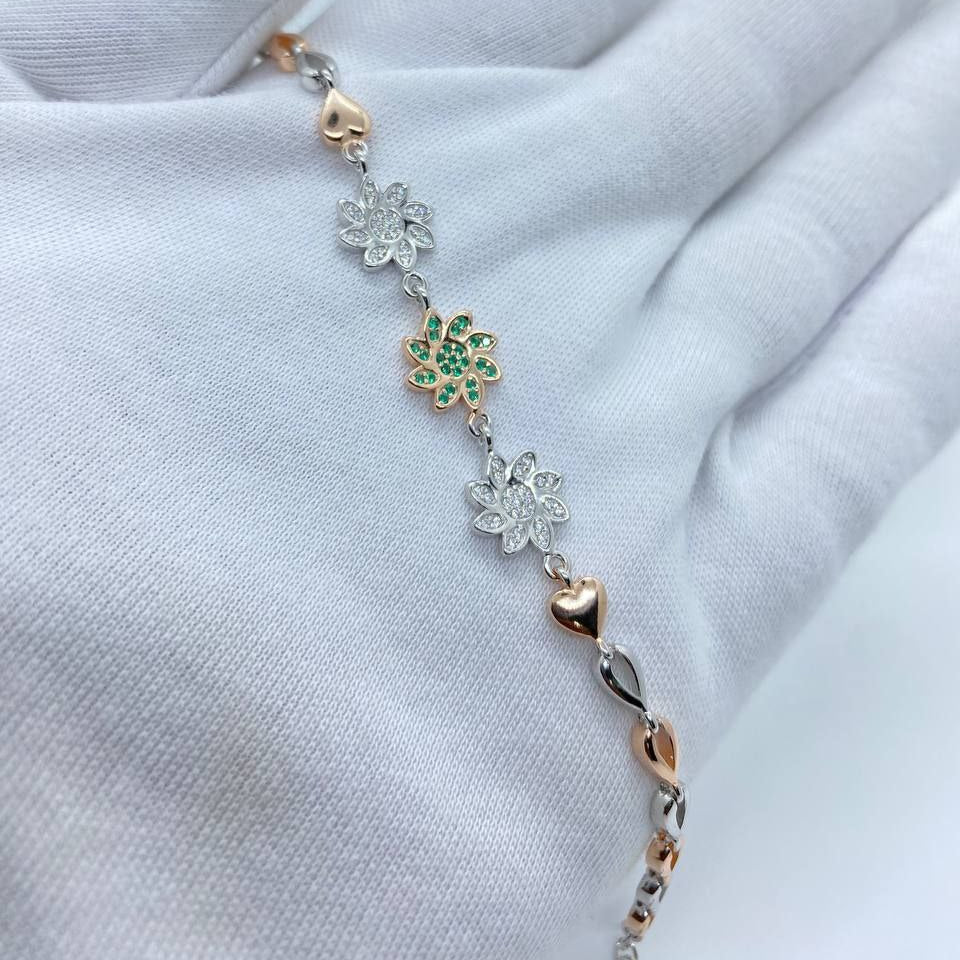 Green Crystal Two Tone Floral Bracelet