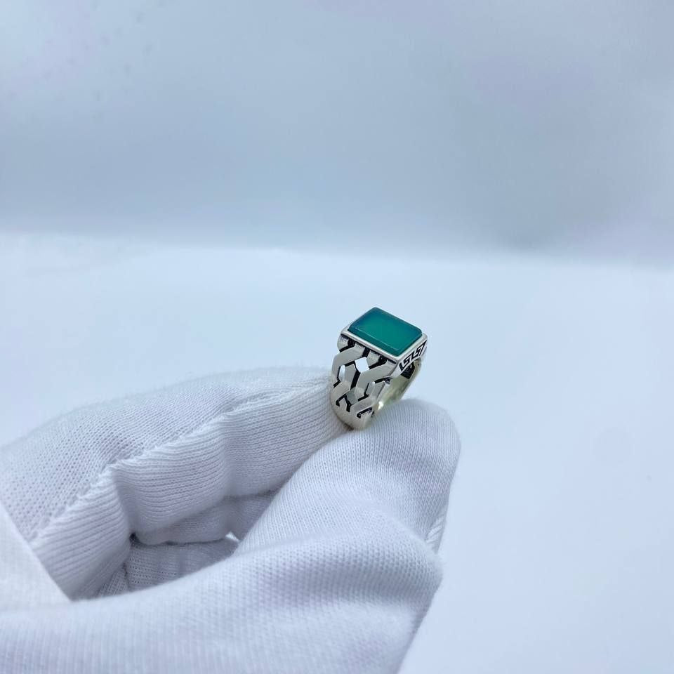 Green Square Geometric Silver Men’s Ring