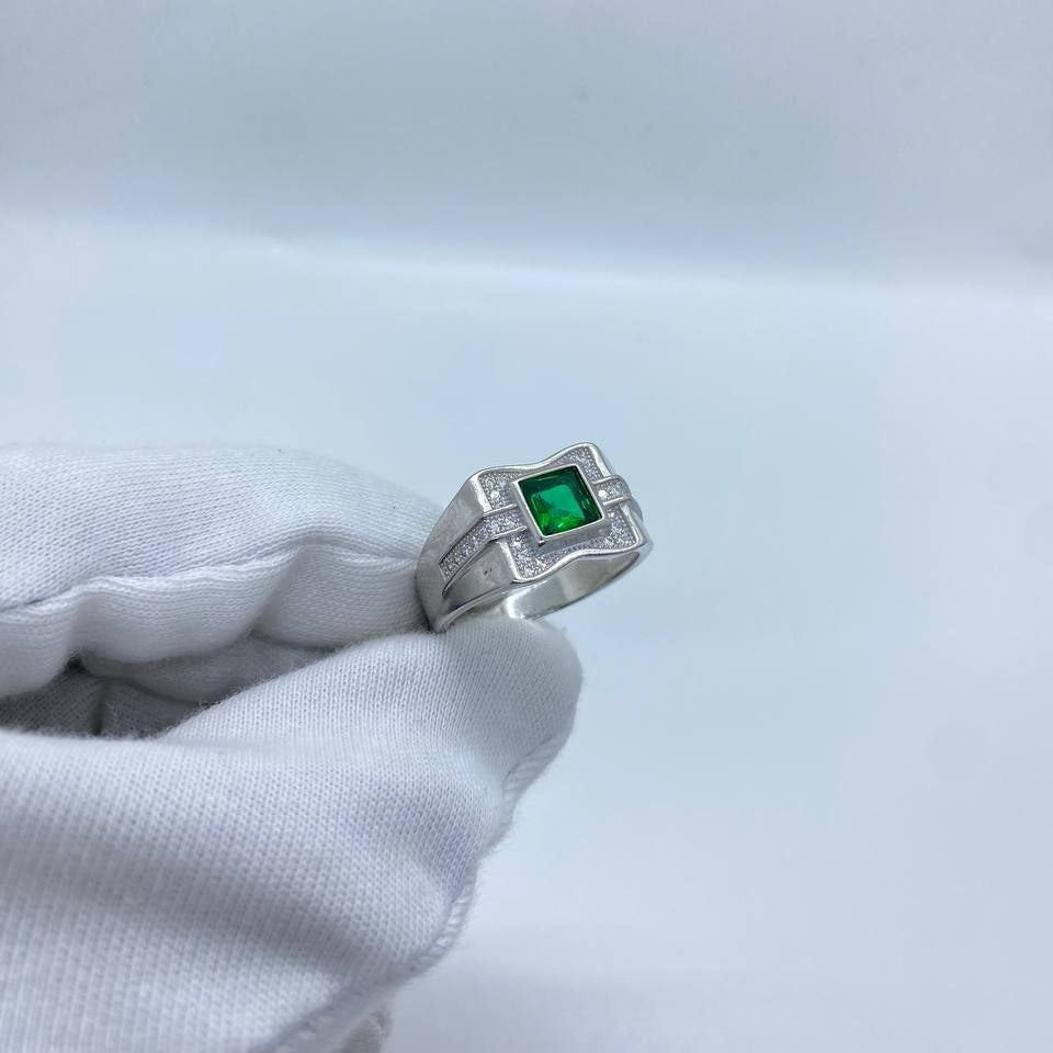 Green Square Stone Silver Men’s Ring