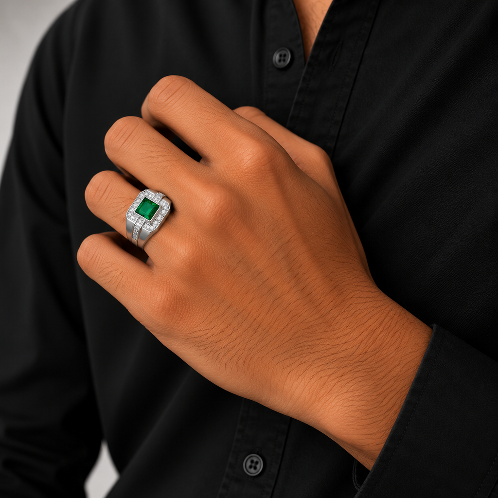 Green Square Stone Silver Men’s Ring