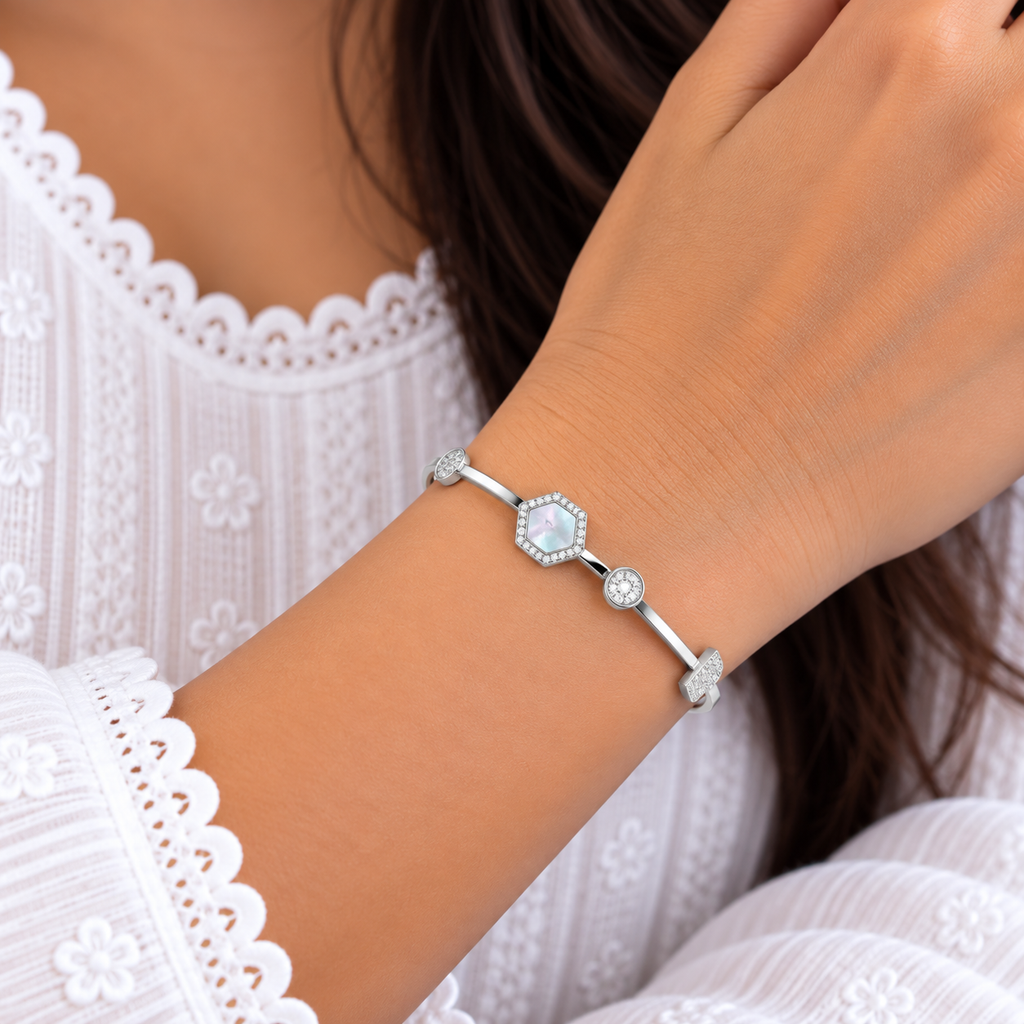 Hexagon Opal Crystal Silver Bangle