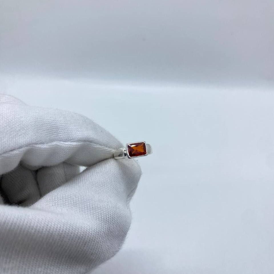Orange Rectangle Stone Silver Men’s Ring
