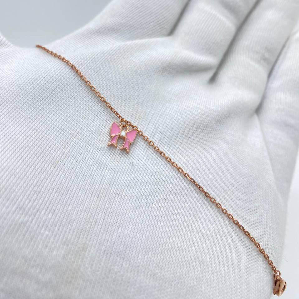 Pink Bow Rose Silver Bracelet