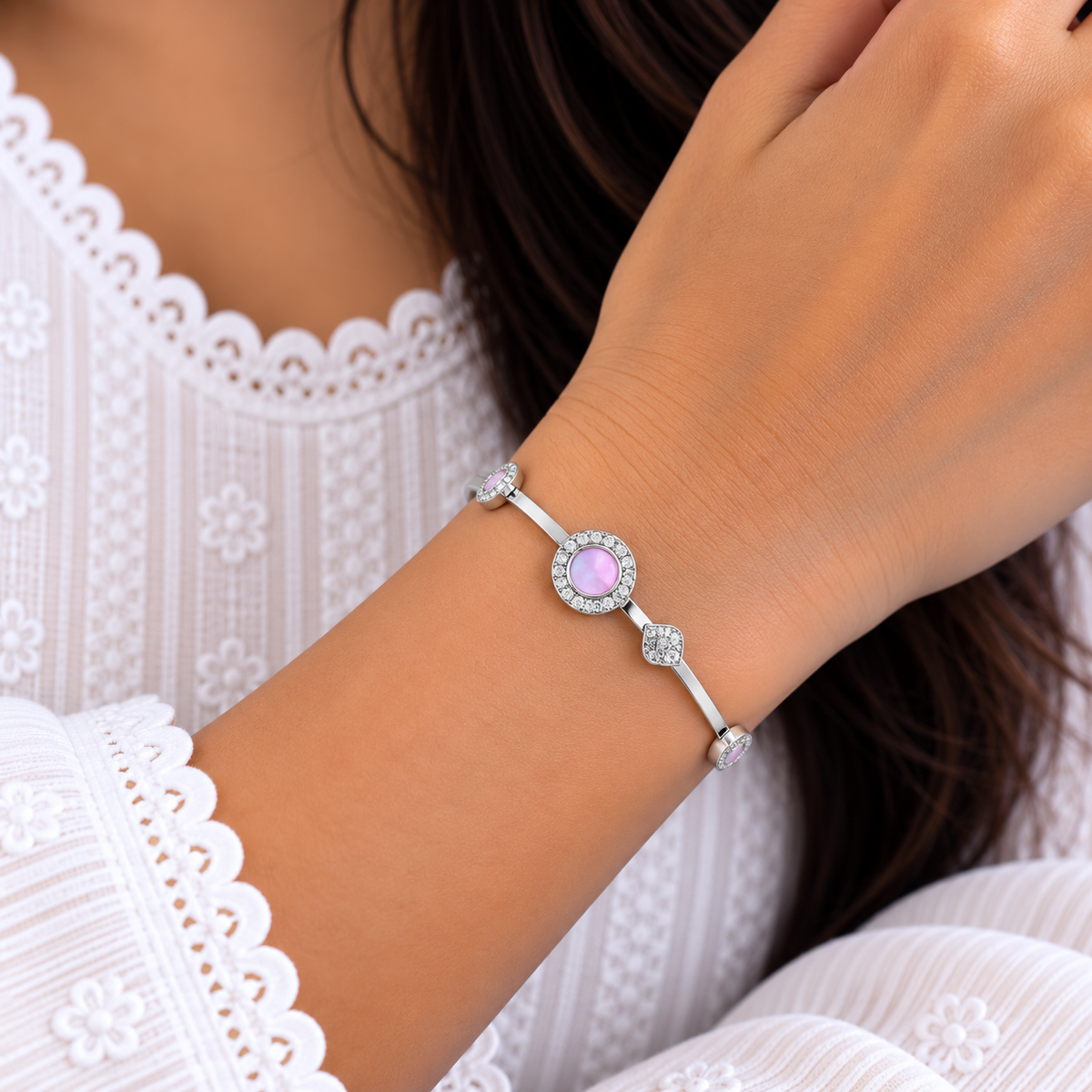 Pink Crystal Halo Silver Bangle