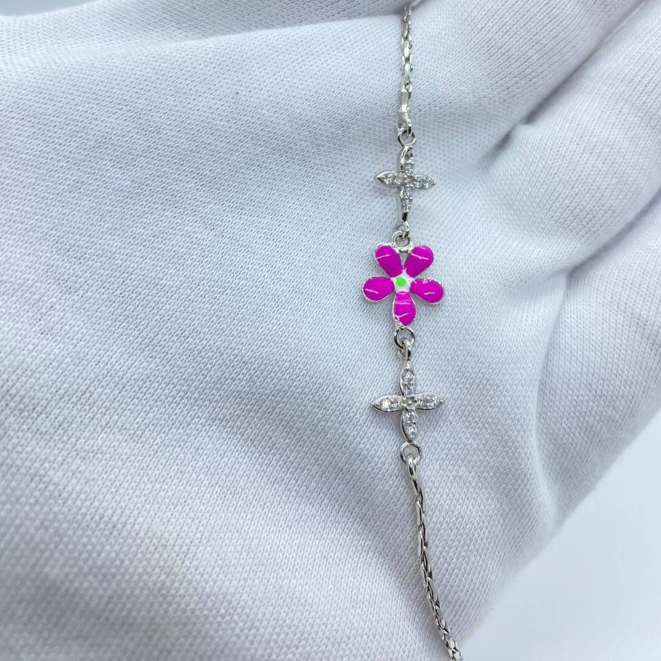 Pink Floral Crystal Silver Bracelet