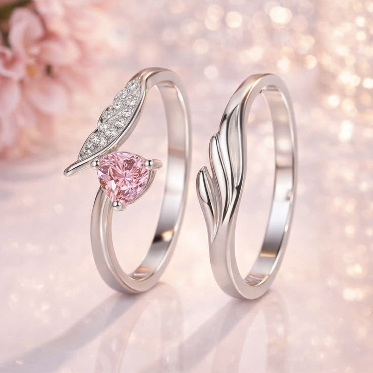 Pink Heart Leaf Couple Ring