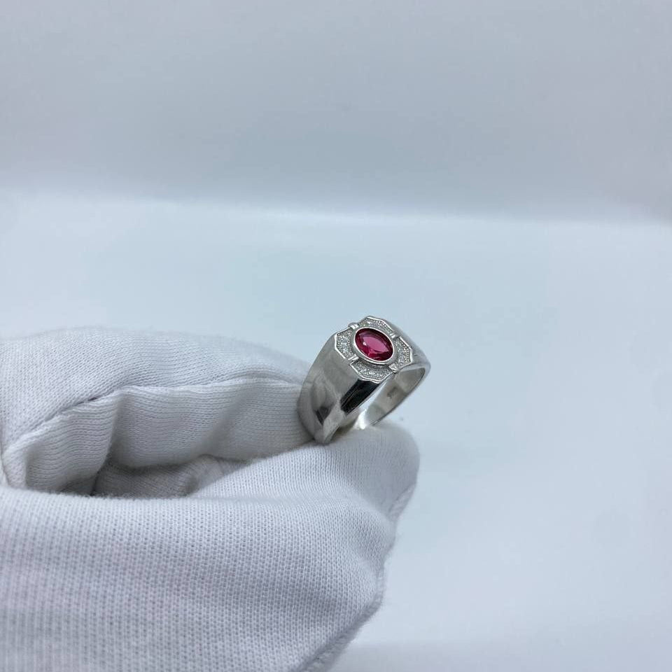Pink Oval Stone Silver Men’s Ring