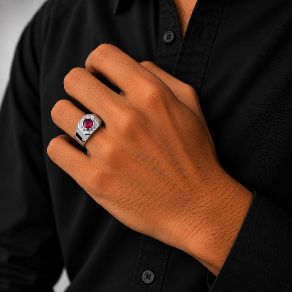 Pink Oval Stone Silver Men’s Ring