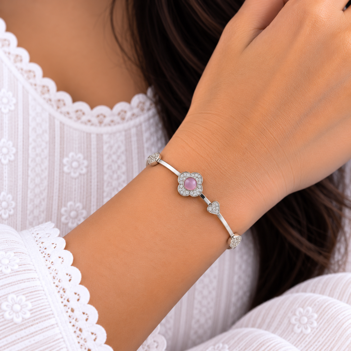 Pink Round Halo Silver Bangle