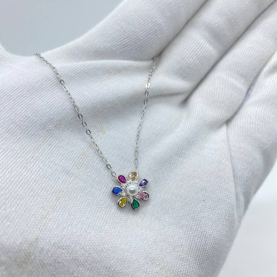 Rainbow Petal Pearl Flower Necklace
