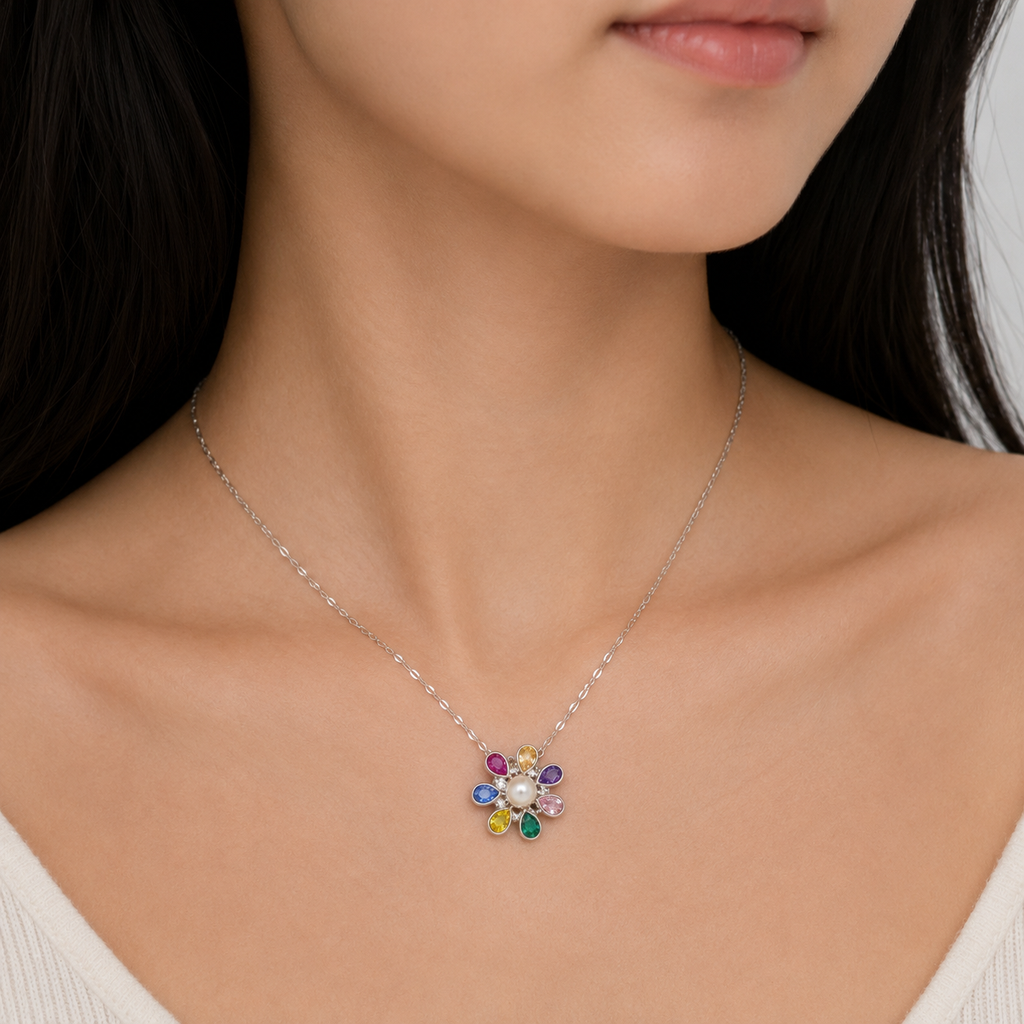 Rainbow Petal Pearl Flower Necklace