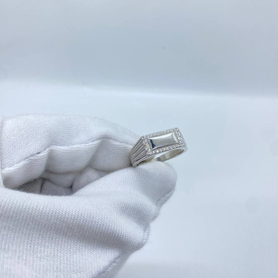 Rectangular Crystal Frame Silver Men’s Ring