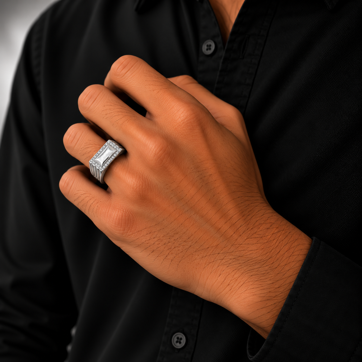 Rectangular Crystal Frame Silver Men’s Ring
