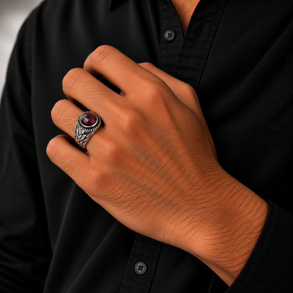 Red Oval Stone Vintage Silver Men’s Ring