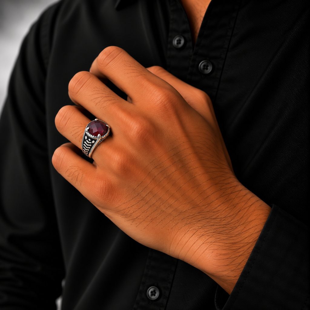 Red Oval Vintage Silver Men’s Ring