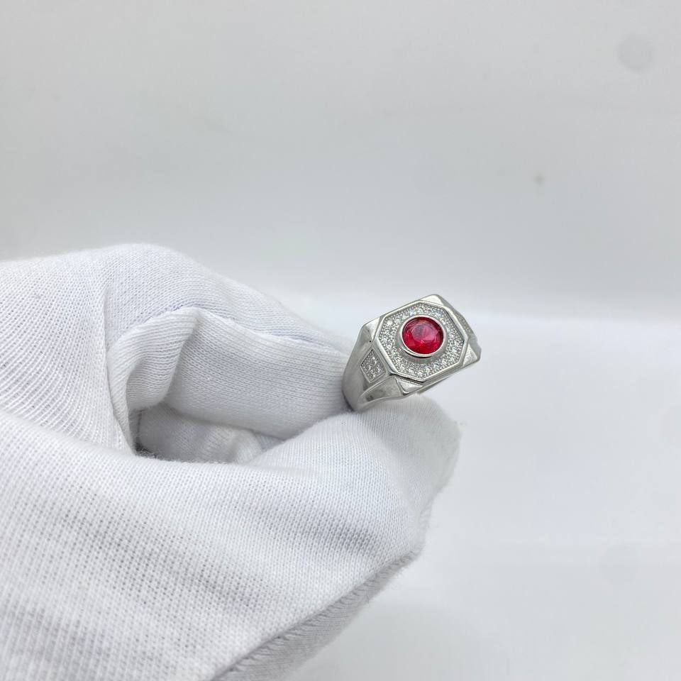 Red Round Stone Silver Men’s Ring
