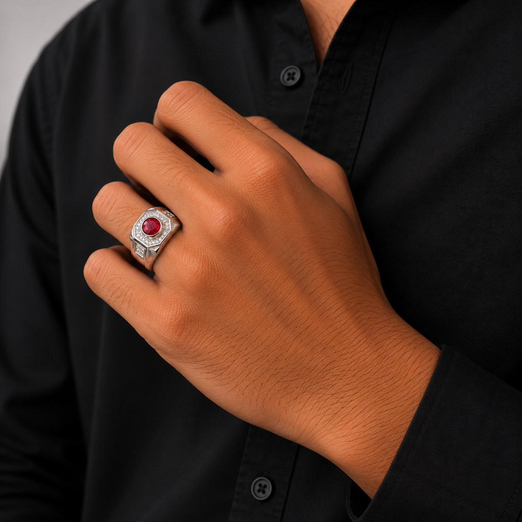Red Round Stone Silver Men’s Ring