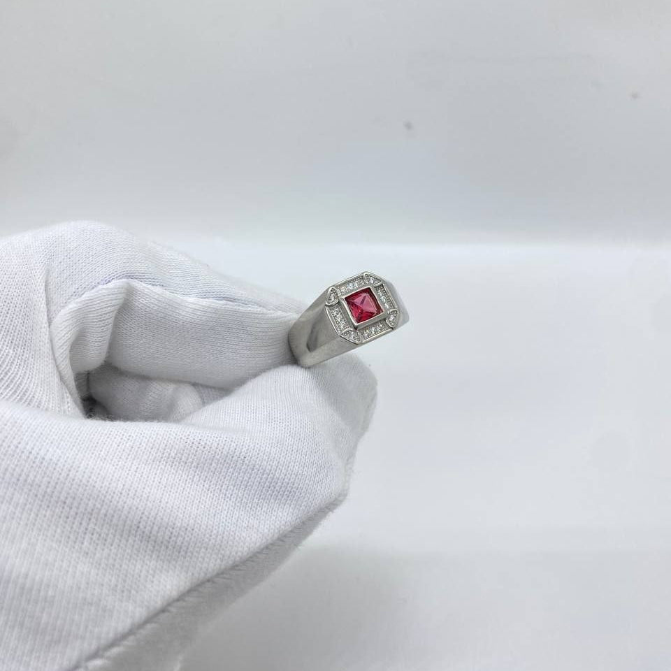 Red Square Stone Silver Men’s Ring